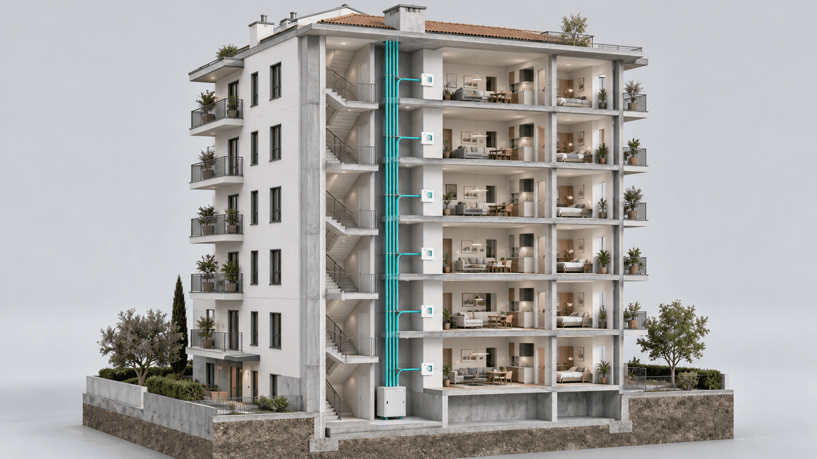 Illustrazione in sezione di un condominio con un percorso verticale di cablaggio